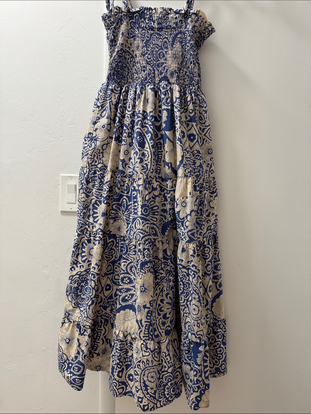 👗 Umgee Boho Blue Cream Floral Paisley Smocked Tie-Strap Tiered Midi Dress